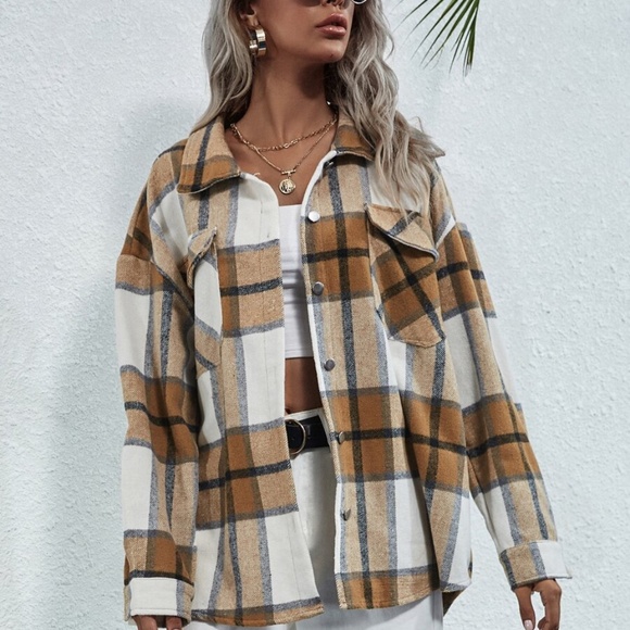 Boyfriend Fit Plaid Jacket oversized button pocket - Picture 10 of 12